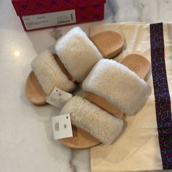 Gently Used Tory Burch Fur slippers Beige sz 9 Sheldon Shearling Two Band Slide - Picture 8 of 14